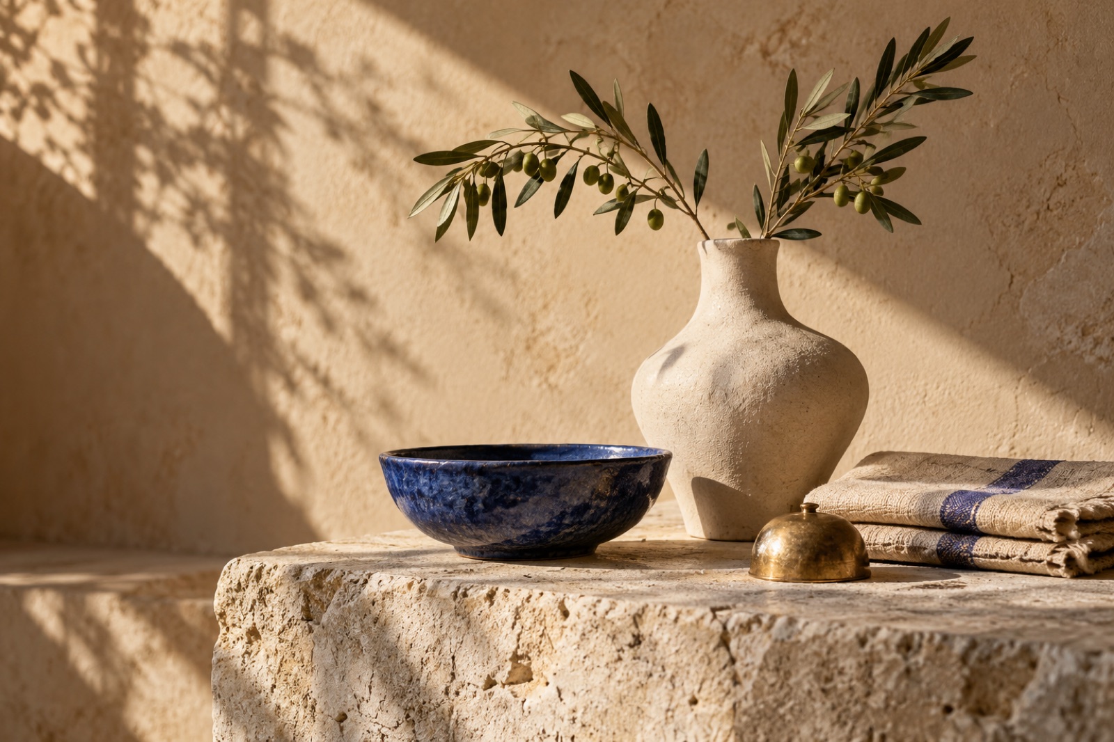 An ivory vase, blue ceramic bowl, and woven linen in warm afternoon light